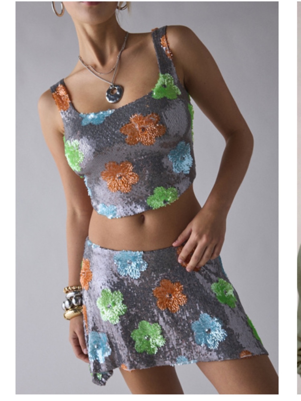 Sequin Floral Mini Skirt in Silver with Multicolor Flowers
